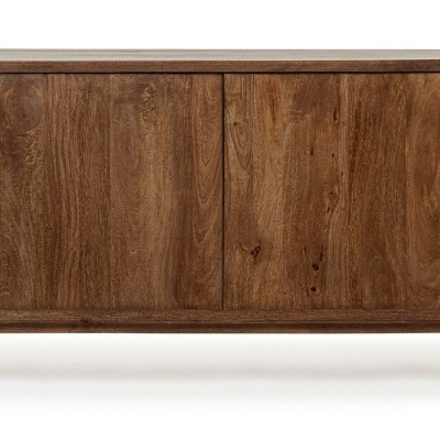 Aparador de madeira escura com portas e prateleiras abertas