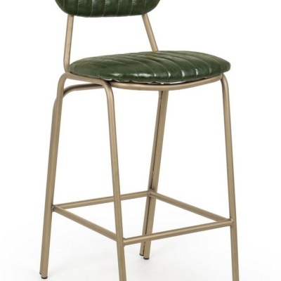 Cadeira alta com estofado verde e estrutura metálica bege