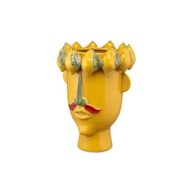 Vaso cerâmico amarelo em forma de cabeça com coroa de limões e folhas em relevo