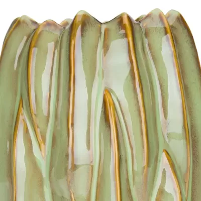 Vaso cerâmico verde com textura ondulada castanha