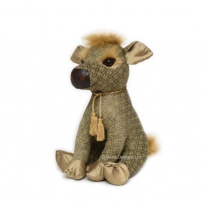 Boneco decorativo em forma de cão com tecido xadrez e detalhes bege