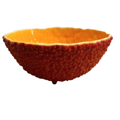 Taça de cerâmica texturizada vermelha e interior amarelo