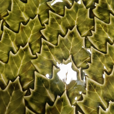 Superfície de cerâmica com padrão de folhas verdes brilhantes
