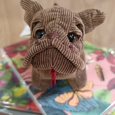 Boneco bulldog de tecido canelado castanho sobre caixa floral colorida