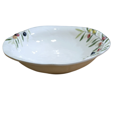 Prato oval cerâmica branca com decoração de ramos e bagas coloridas