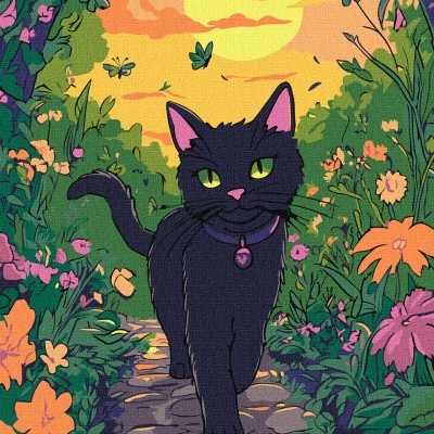 Ilustração de um gato preto num caminho de pedras florido ao pôr-do-sol