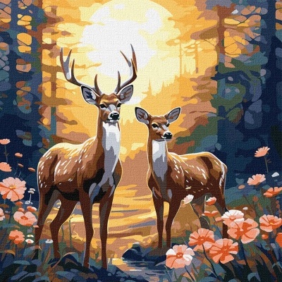 Pintura em tela de veados num bosque iluminado por luz quente ao fundo