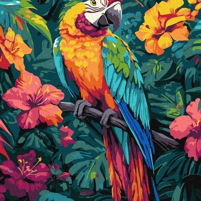 Pintura por números colorida de um papagaio tropical empoleirado em galho com flores tropicais.