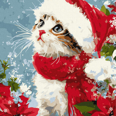 Gato pintado com gorro e cachecol vermelhos, flores vermelhas e neve sobre fundo azul.