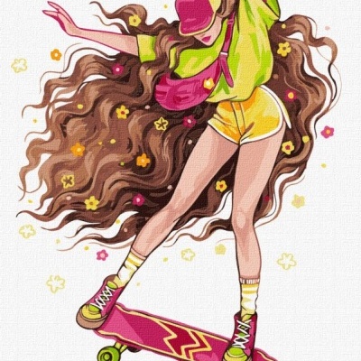 Ilustração de jovem a andar de skate com roupa desportiva colorida e flores no cabelo
