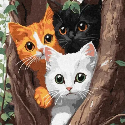 Pintura em tela de três gatos coloridos dentro do tronco de árvore com textura visível.