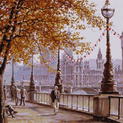Passeio outonal junto ao rio em Londres com Big Ben e Parlamento ao fundo.