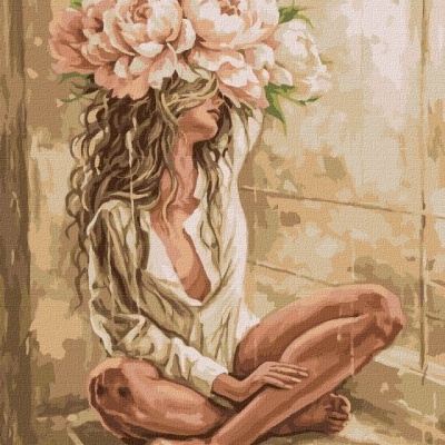Quadro de mulher sentada com flores sobre a cabeça