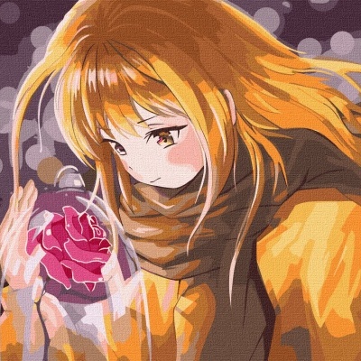 Personagem feminina segurando rosa vermelha em redoma de vidro