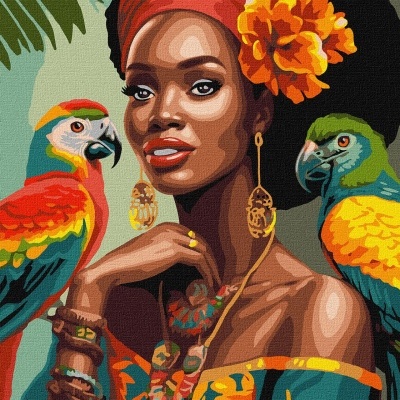 Ilustração de mulher com turbante vermelho, flor laranja e joias, entre duas araras coloridas