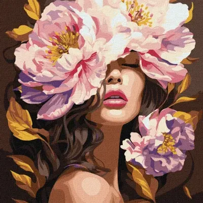 Ilustração digital de mulher com flores cor-de-rosa na cabeça e lábios rosa