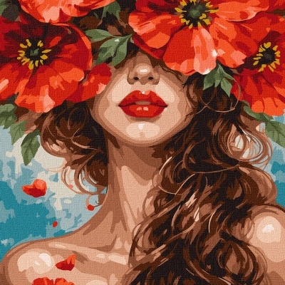 Pintura digital de mulher com flores vermelhas cobrindo os olhos e cabelos castanhos ondulados.
