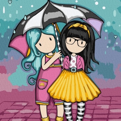 Ilustração de duas raparigas com guarda-chuva a chover, em fundo colorido