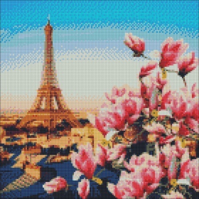 Pixel art da Torre Eiffel com flores rosas em primeiro plano