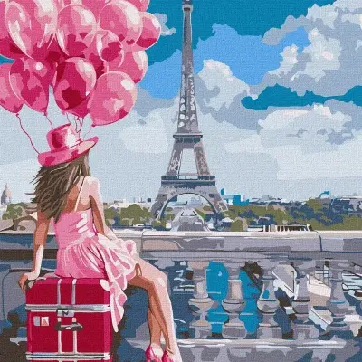 Mulher com vestido rosa, chapéu e balões sentada em mala vermelha com Torre Eiffel ao fundo