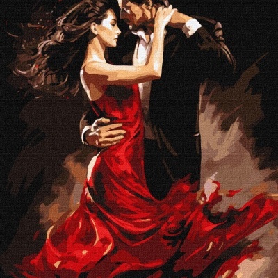 Casal a dançar com vestido vermelho e fato preto em fundo abstrato escuro.