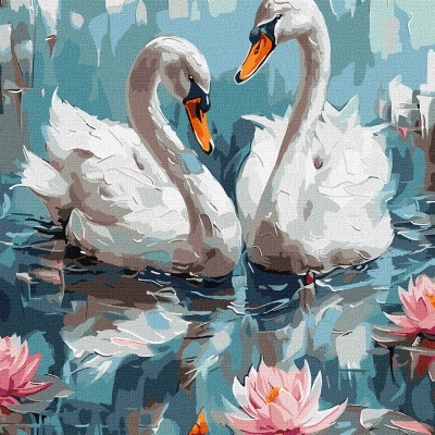 Pintura de dois cisnes na água com flores de lótus cor de rosa.