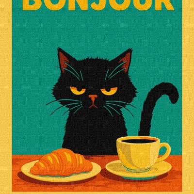 Ilustração de gato preto com croissant e chávena de café com texto Bonjour Mon Amour