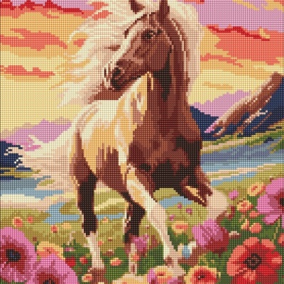 Retrato artístico de cavalo castanho em campo florido ao pôr-do-sol