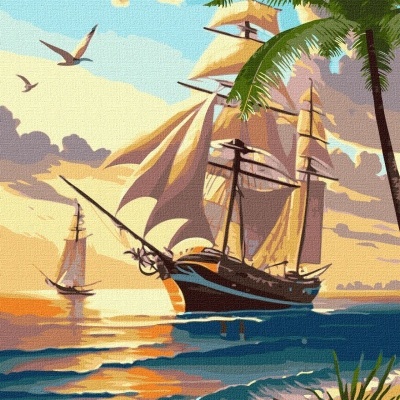 Pintura digital de veleiros ao pôr do sol com palmeiras e gaivotas