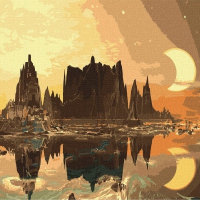 Paisagem digital com rochas pontiagudas e reflexo em água sob céu laranja