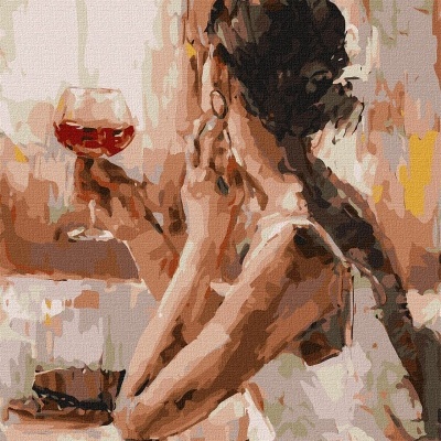 Pintura a óleo de mulher a segurar copo de vinho com fundo abstrato