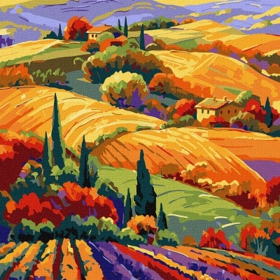 Pintura colorida de paisagem campestre com campos dourados e árvores altas