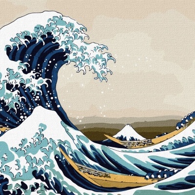 Gravura japonesa de grandes ondas azuis com barcos e montanha ao fundo