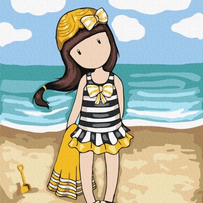 Ilustração de menina em vestido listrado na praia com céu azul