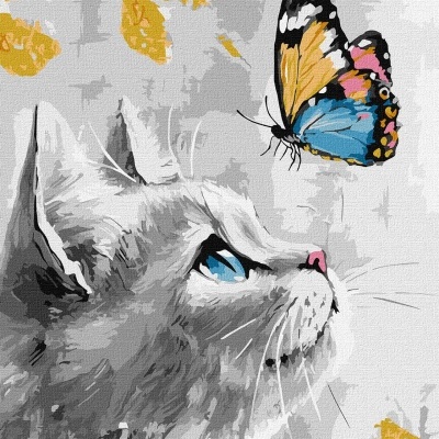 Pintura de gato cinzento com olhos azuis olhando para borboleta colorida