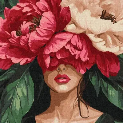 Pintura de mulher com flores grandes vermelhas e brancas cobrindo os olhos