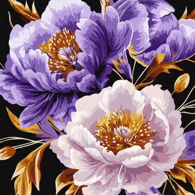 Padrão floral com flores lilás, roxas e brancas em fundo preto