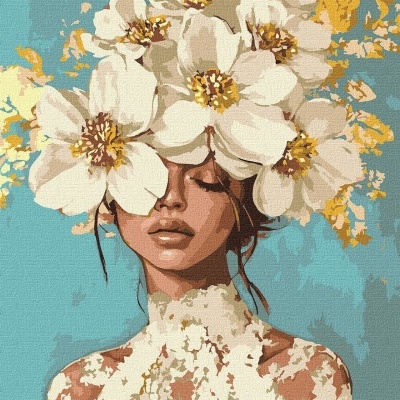 Pintura de mulher com flores brancas na cabeça e fundo azul.