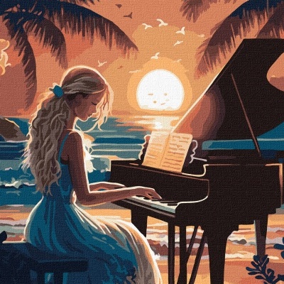 Mulher sentada a tocar piano na praia ao pôr do sol