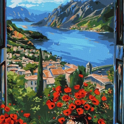 Pintura de paisagem costeira com vaso de flores vermelhas na janela aberta