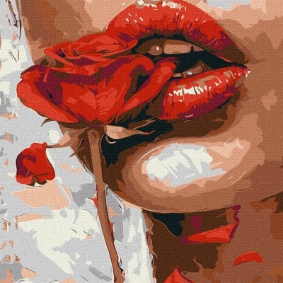 Boca feminina com lábios vermelhos e rosa vermelha entre os dentes em estilo pintura