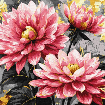 Pintura floral em tons de rosa sobre fundo cinzento e dourado