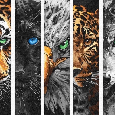 Close-ups pintados de animais selvagens divididos em cinco painéis verticais.