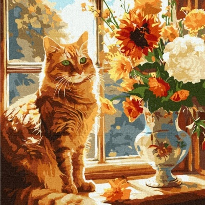 Gato laranja junto a vaso de porcelana com flores laranja e brancas numa janela de madeira