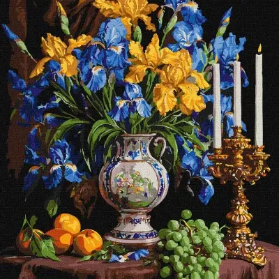 Pintura a óleo de flores e castiçal sobre mesa com frutos