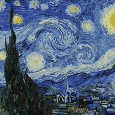 Pintura 'A Noite Estrelada' com céu azul estrelado, lua, vila e árvore escura