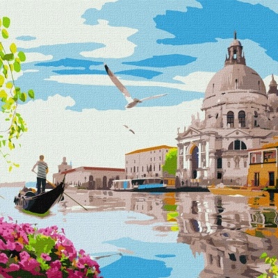 Pintura de Veneza com gôndola, edifícios históricos, flores cor de rosa e céu azul com nuvens e gaivotas.