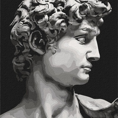 Escultura clássica masculina em tons de cinza, vista de perfil