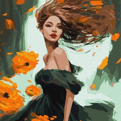 Mulher com vestido verde e flores laranja num cenário natural estilizado