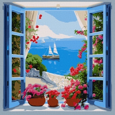 Pintura janela azul aberta com vasos de flores e vista do mar com barcos à vela